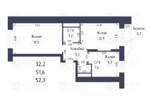 Продажа 2-комн. квартира, 52 м², 1/19 этаж — планировка 1