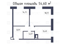 Продажа 2-комн. квартира, 54 м², 11/25 этаж — планировка 1